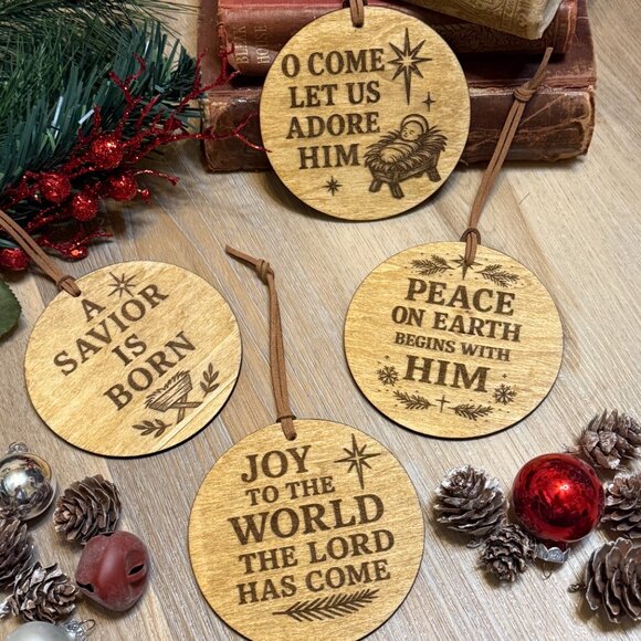 Wood Burned Christmas Faith Ornament Set of 4 Rustic Cottagecore Christmas - Picture 4 of 8